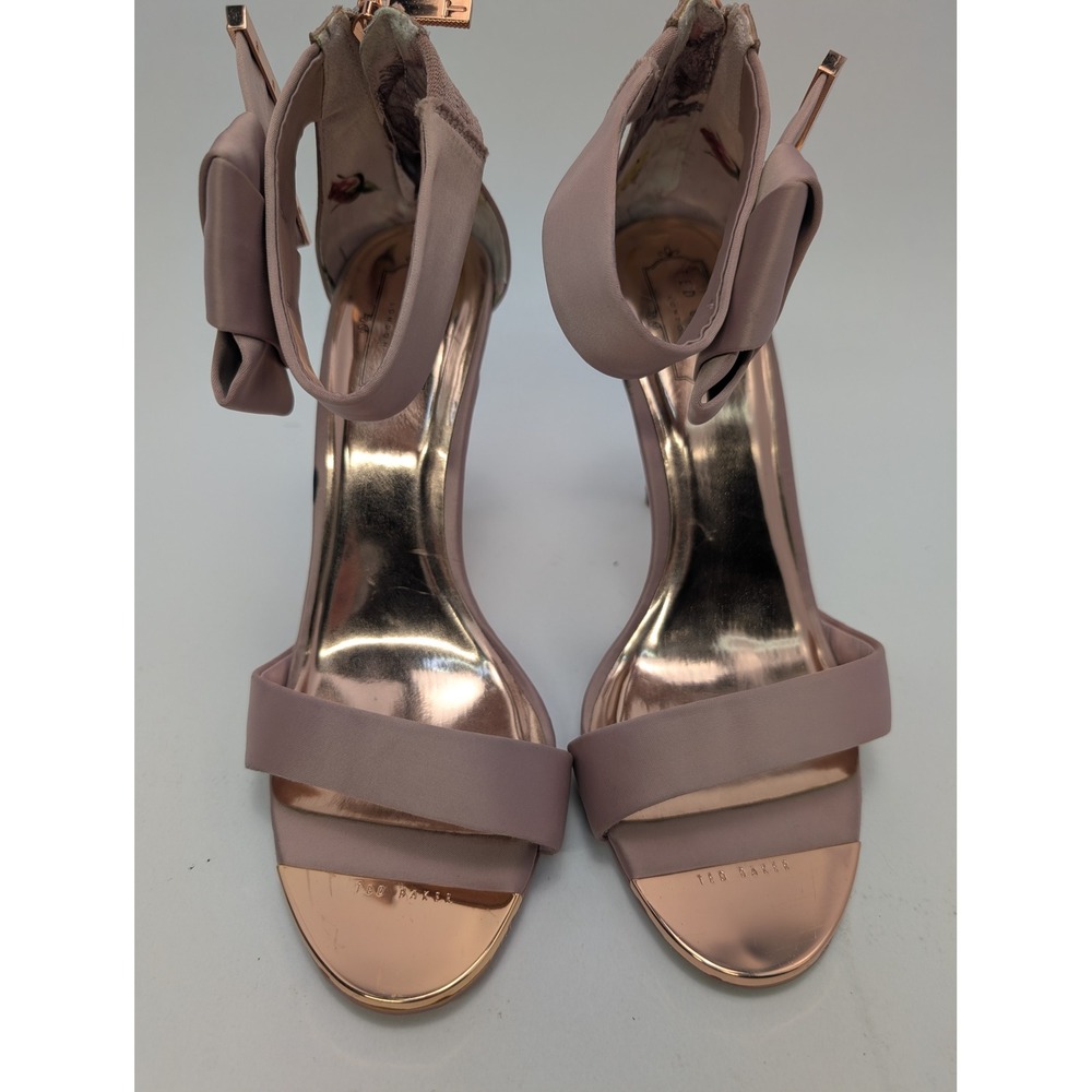Ted Baker Elira Pink Satin Ankle Strap Bow Heeled Sandals Rose Gold Accents 40.5